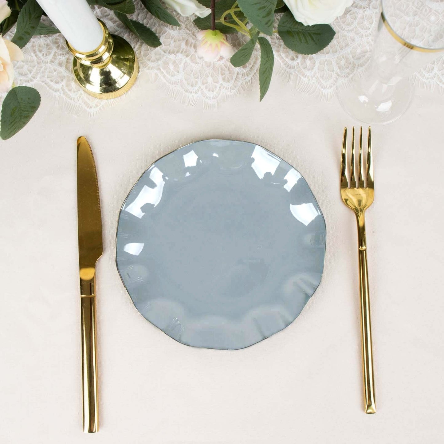 10-Pack Plastic Round 6" Dessert Plates in Dusty Blue Ruffled Rim with Gold Edging - Sturdy Disposable Salad Appetizer Dinnerware