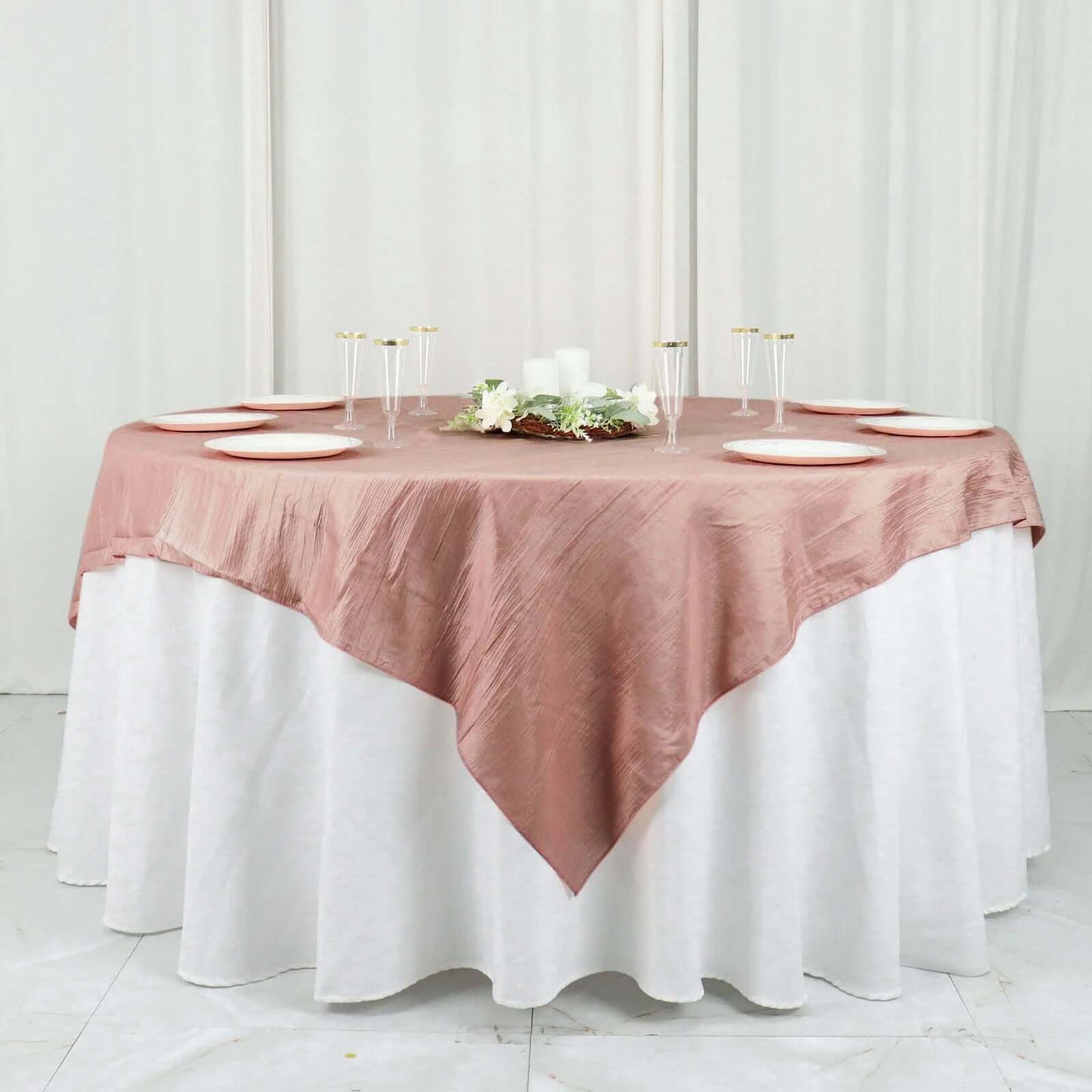 Taffeta 72"x72" Table Overlay Square Tablecloth Dusty Rose - Accordion Crinkle Table Cover
