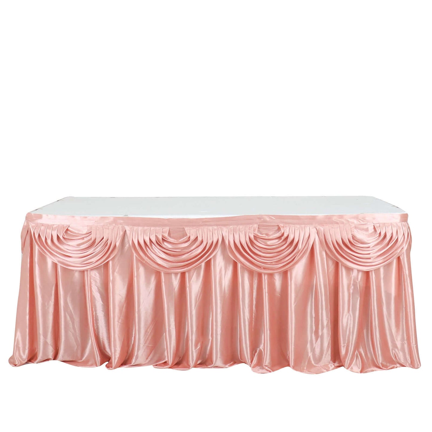 Satin 14ft Table Skirt Dusty Rose - Pleated Double Drape Table Cover