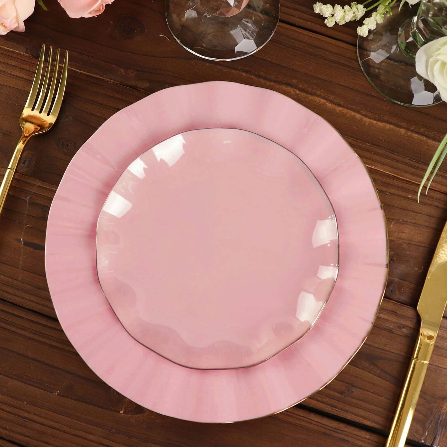 10-Pack Plastic Round 6" Dessert Plates in Dusty Rose Ruffled Rim with Gold Edging - Sturdy Disposable Salad Appetizer Dinnerware