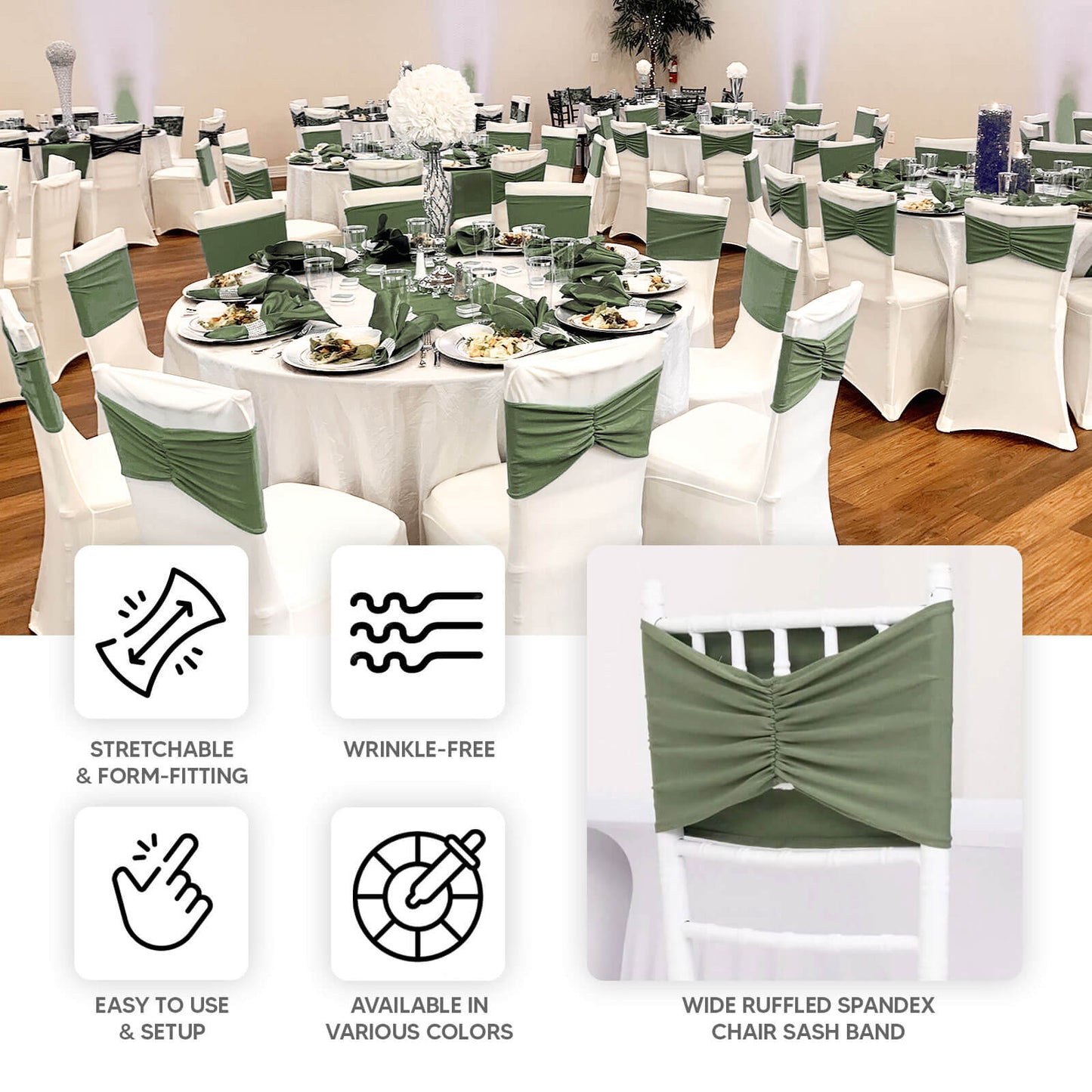 5 Pack Spandex Chair Sashes Dusty Sage Green Ruffled Style - Wide Easy to Use Stretch Chair Bands 8"x13"