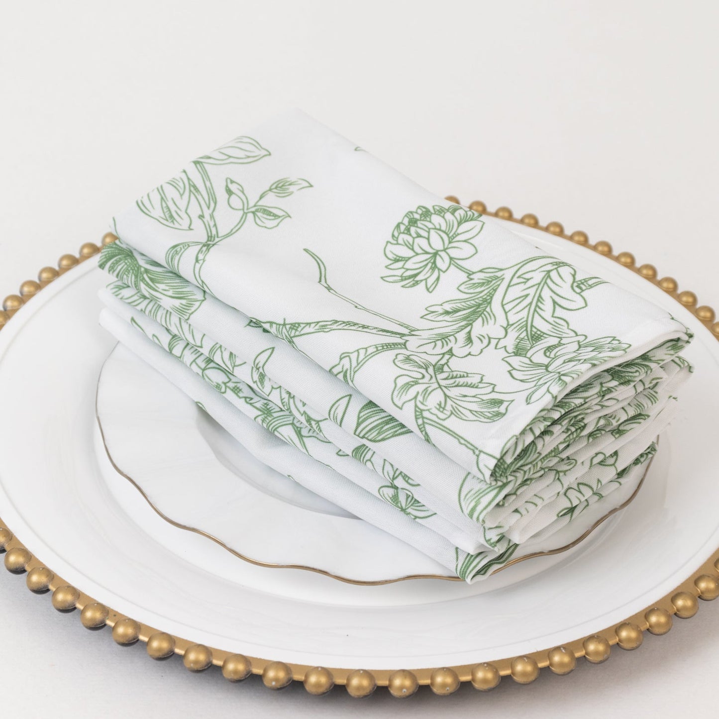 5-Pack French Toile Polyester Cloth Napkins â€“ 17"x17" Dusty Sage Green and White Reusable Table Napkins in Floral Design for Events & Dining