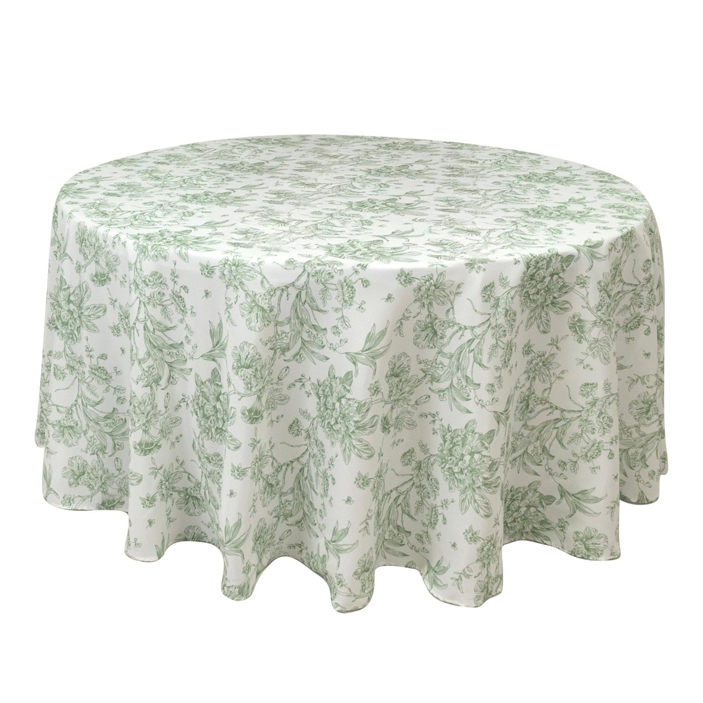 Polyester 120" Round Tablecloth White - Dusty Sage Green French Toile Pattern for Chic Weddings