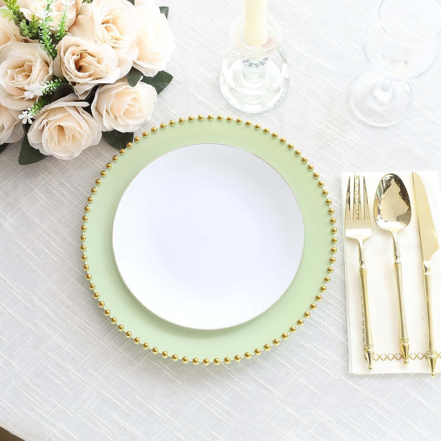 10-Pack Plastic 10" Round Dinner Plates in Sage Green with Gold Beaded Rim - Disposable Party Plates for Banquets & Festive Occasions