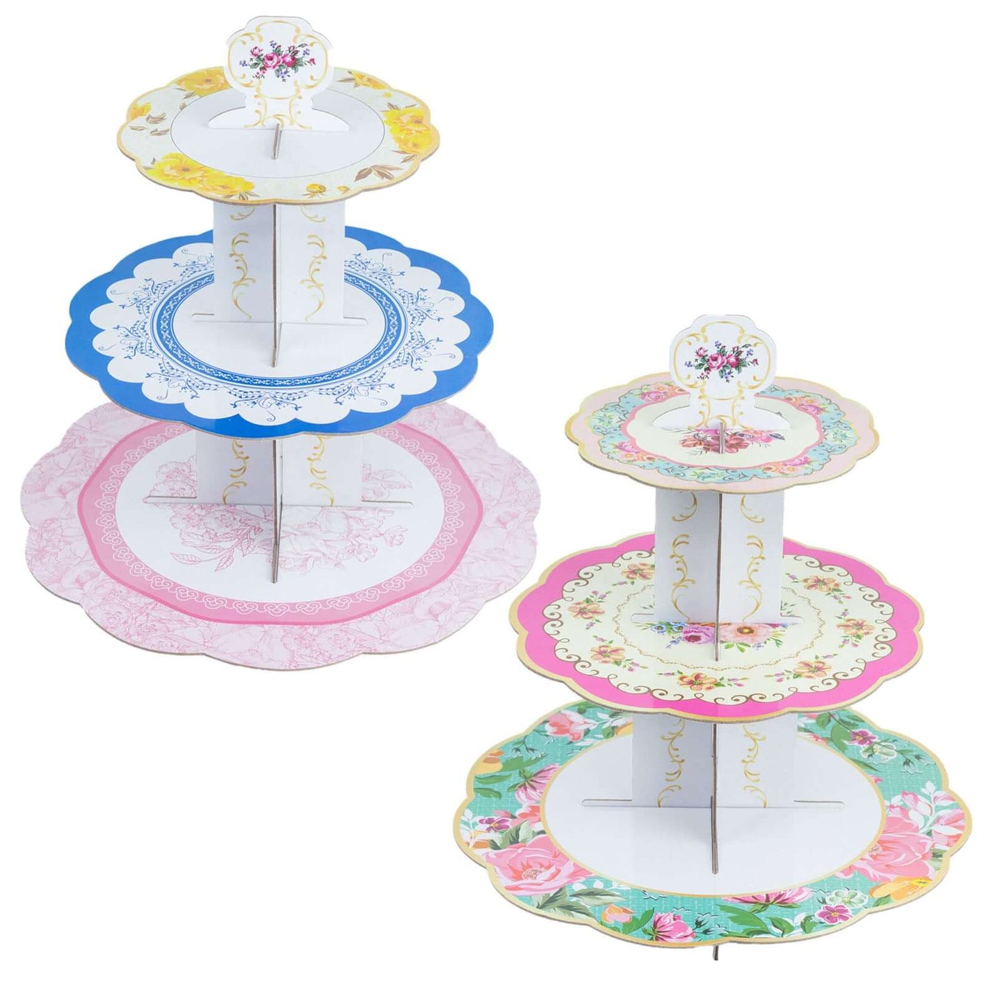 2-Pack Cardboard Round Cupcake Stand Assorted Floral Design - 3-Tier Reusable Dessert Display Pedestal With Scalloped Edges for Garden-Themed Celebrations 14"