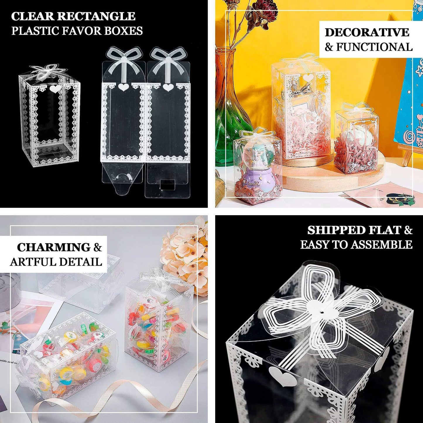 25 Pack Clear Rectangle Candy Gift Boxes With Bowknot and White Lace Pattern, 4" Transparent Plastic Party Favor Boxes - 2"x2"x4"
