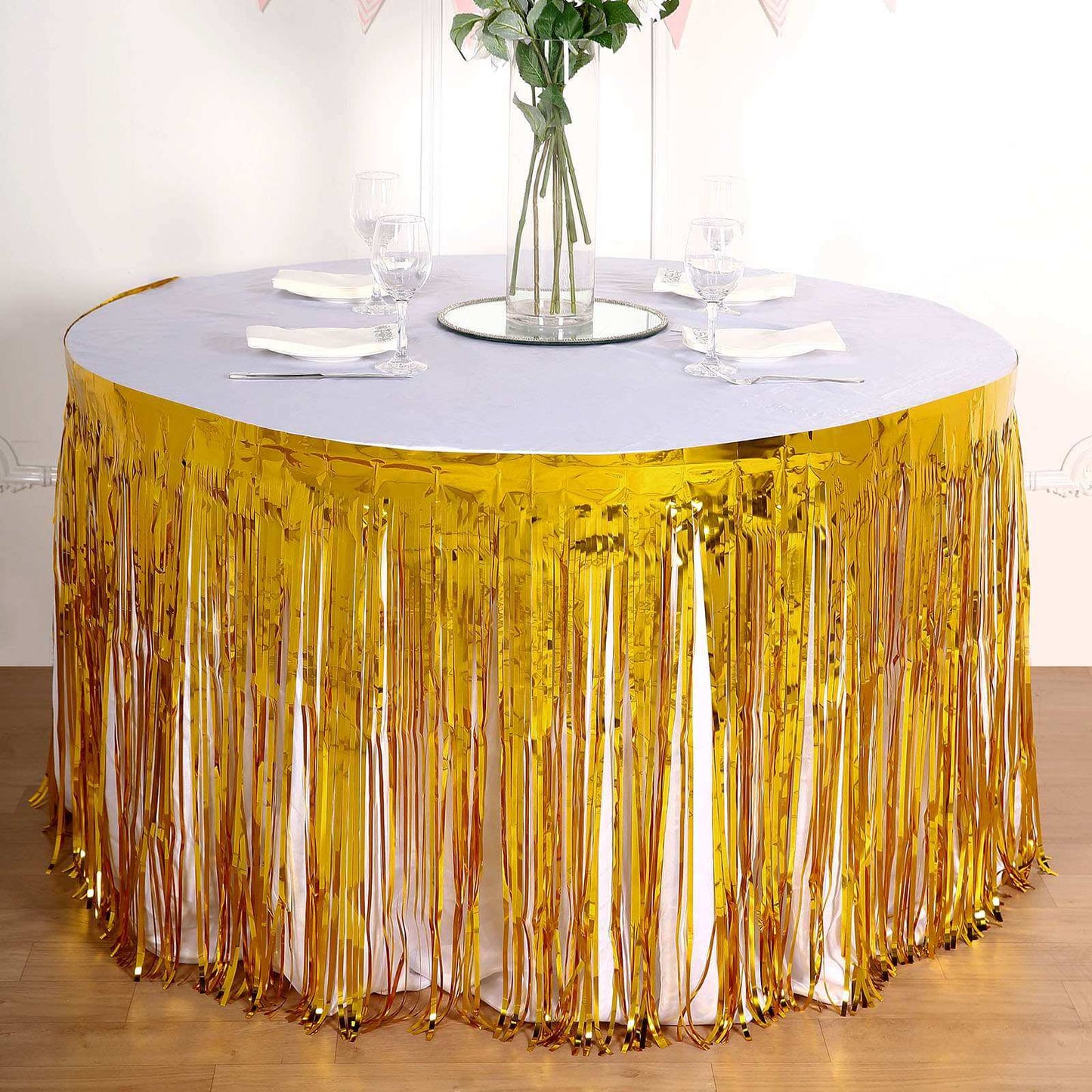 Metallic Foil Fringe Table Skirt Gold with Self Adhesive Backing - Durable Tinsel Skirt for Parties 30"x9ft