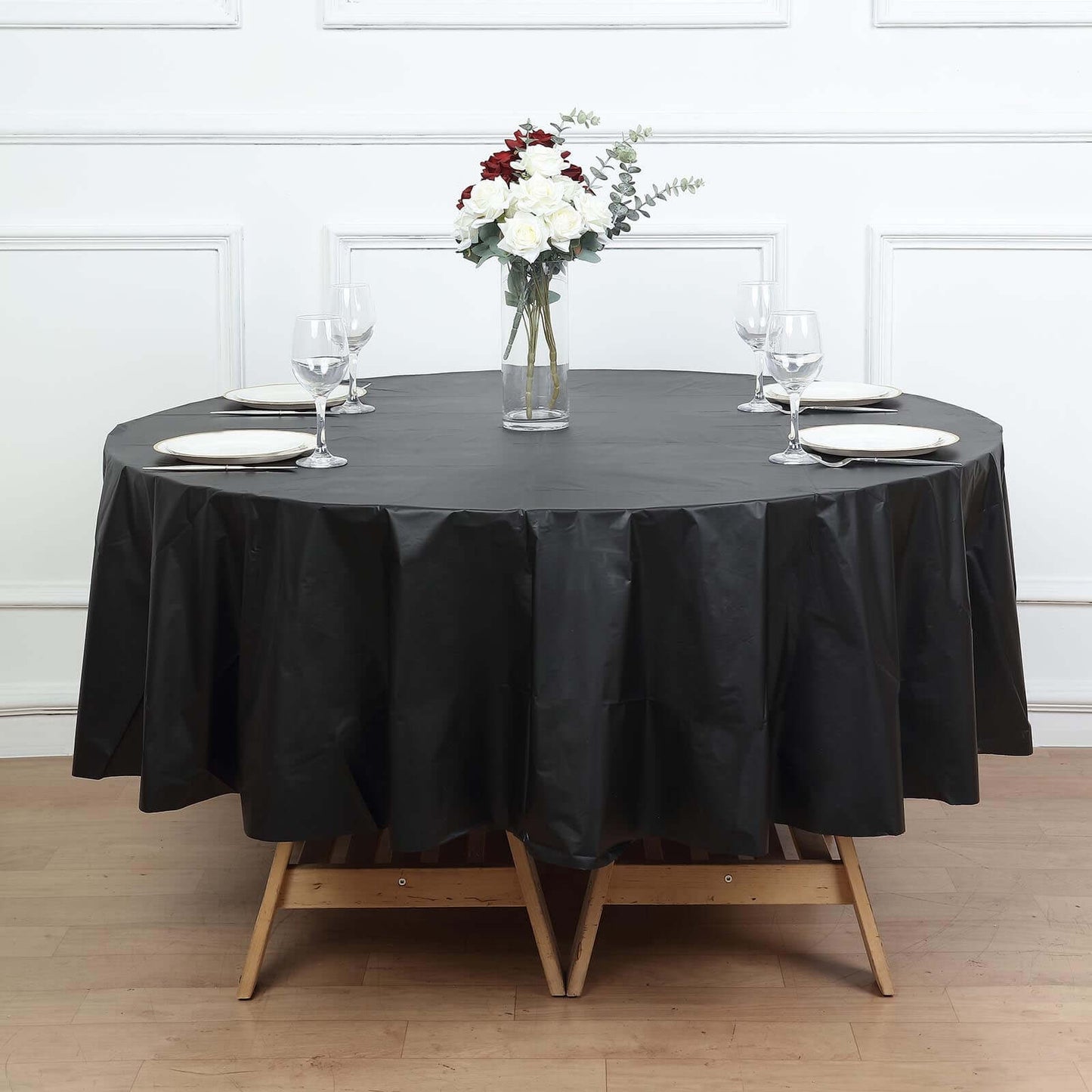 5-Pack Plastic Table Covers Black Round - Durable PVC Disposable Tablecloths for Events 84"