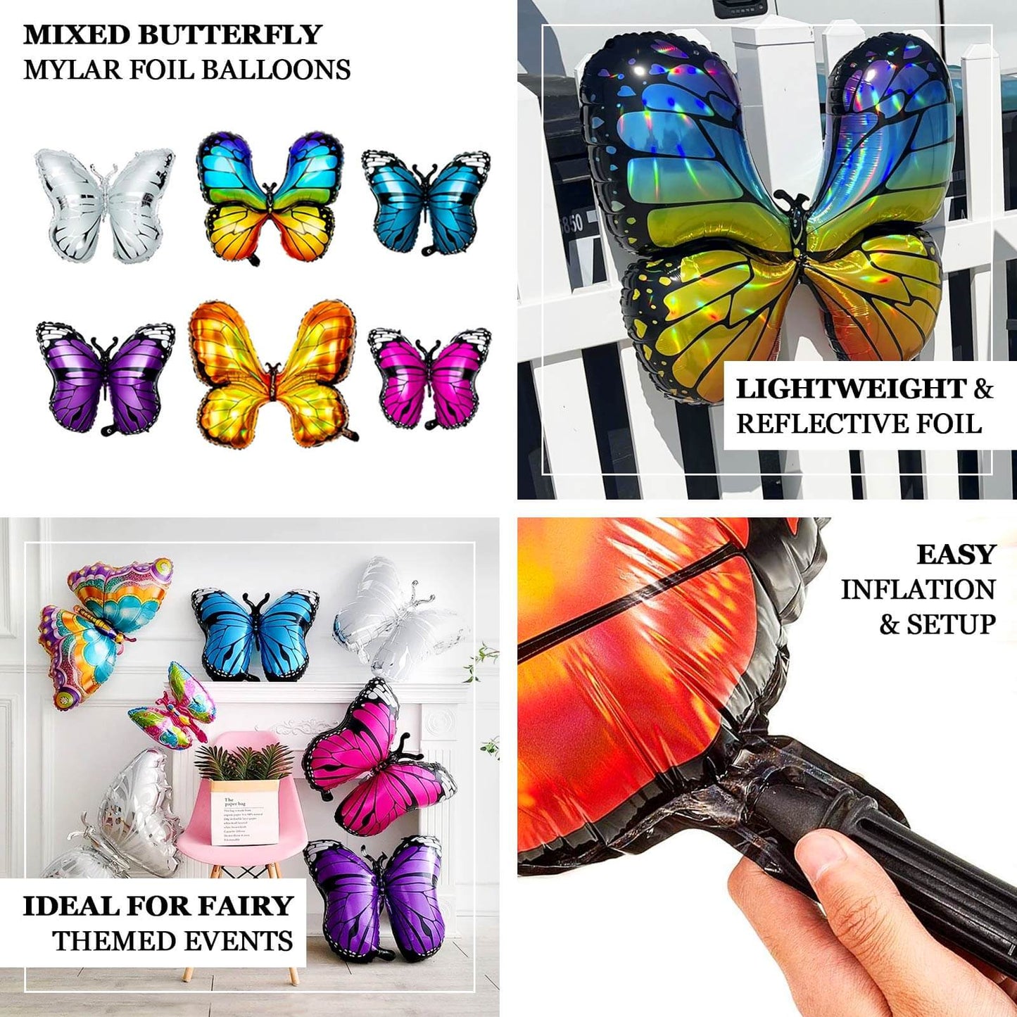 Set of 6 Assorted Butterfly Helium Foil Balloons, Fairy Tale Theme Party Supplies - 21",23",28"