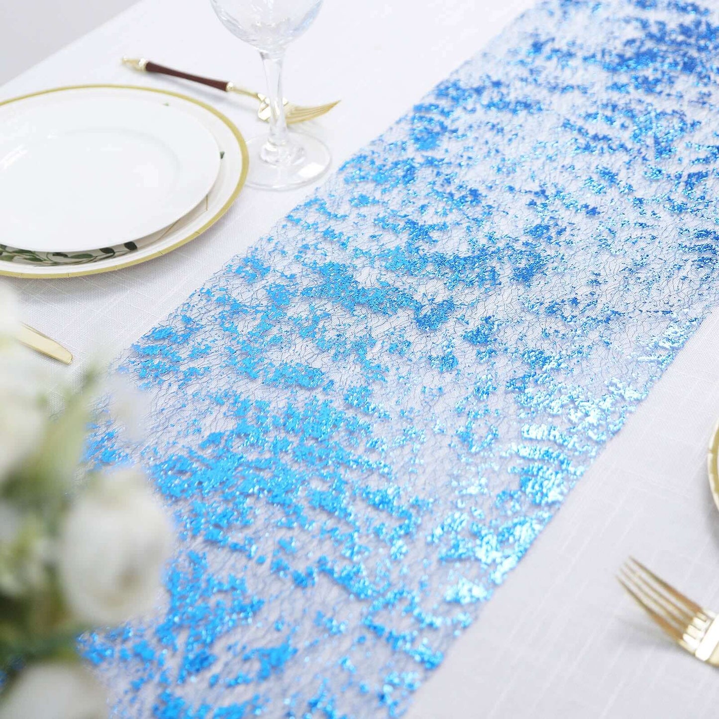 Mesh Polyester 108" Table Runner Roll Metallic Royal Blue - Distressed Foil Look Disposable Table Decor