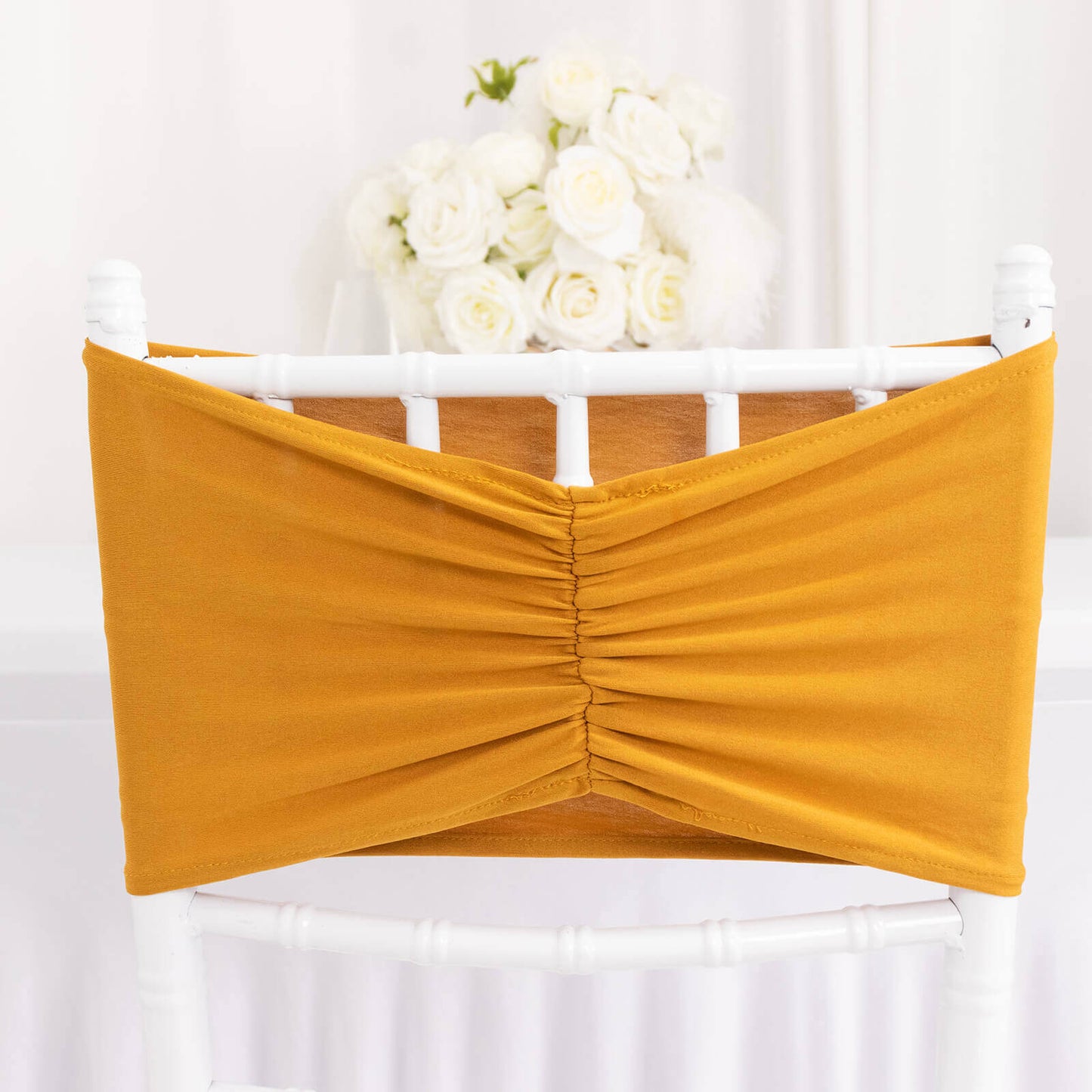 5 Pack Spandex Chair Sashes Gold Ruffled Style - Wide Easy to Use Stretch Chair Bands for Classy Wedding and Event Decor 8"x13"