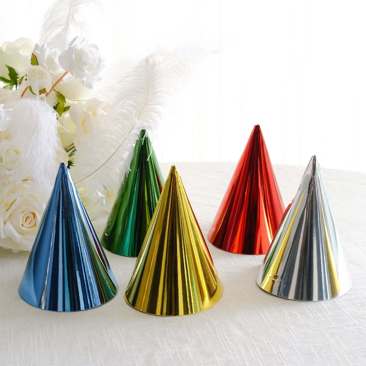 25 Pack Mixed Metallic Foil Cone Party Hats, Pre-Strung Paper Birthday Hats - 5"x7"