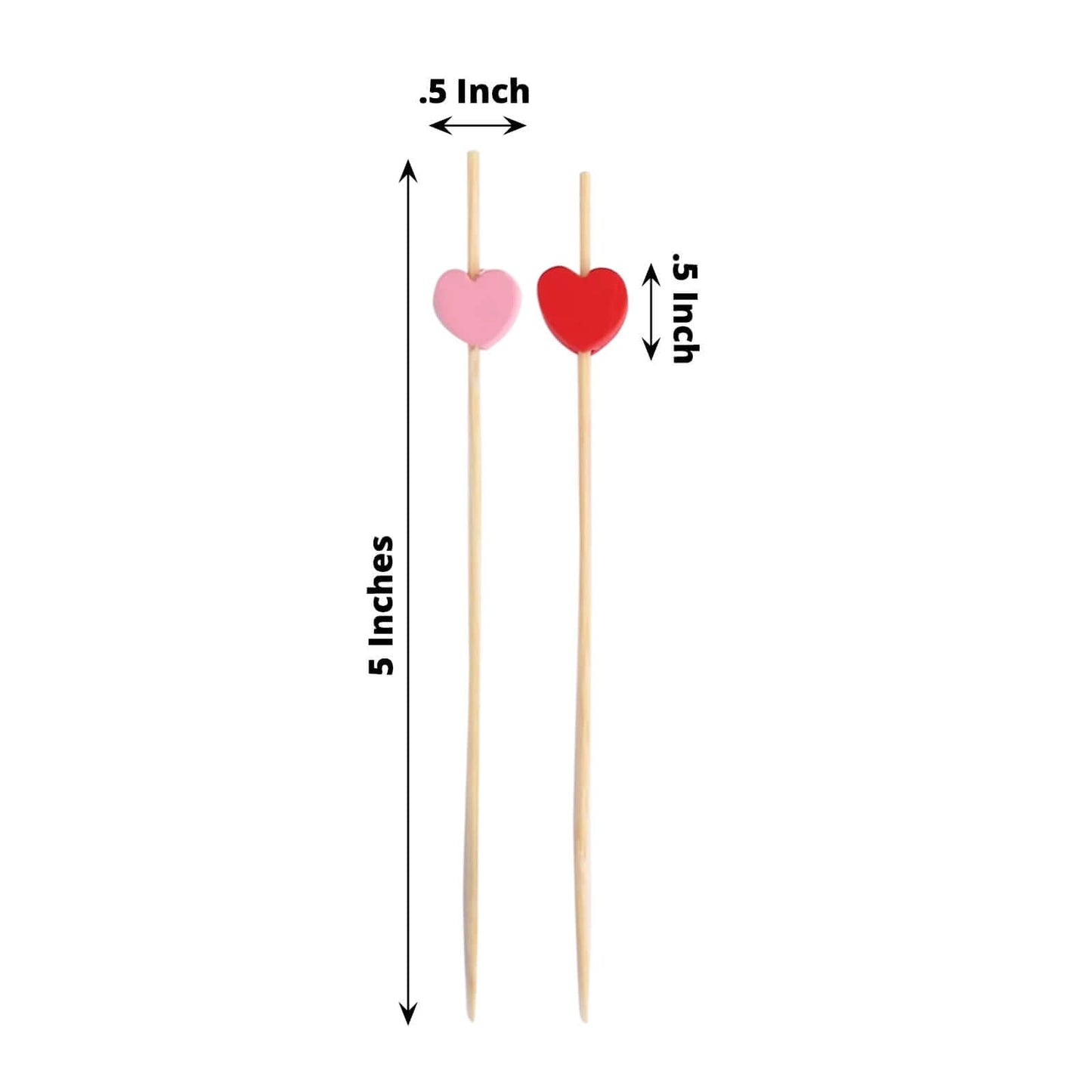 100-Pack Bamboo Cocktail Sticks Heart Design Eco Friendly Red/Pink - Biodegradable Fruit Appetizer Party Picks 5"