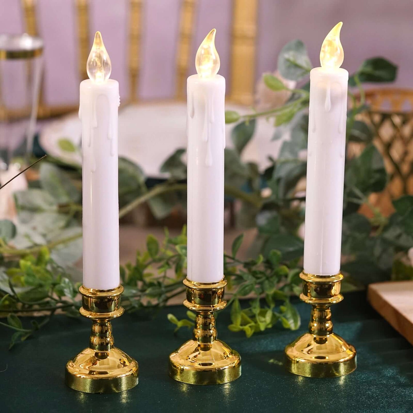 Set of 6 LED Window Candles Flickering White - Battery Operated Taper Candles with Gold Holders 10"