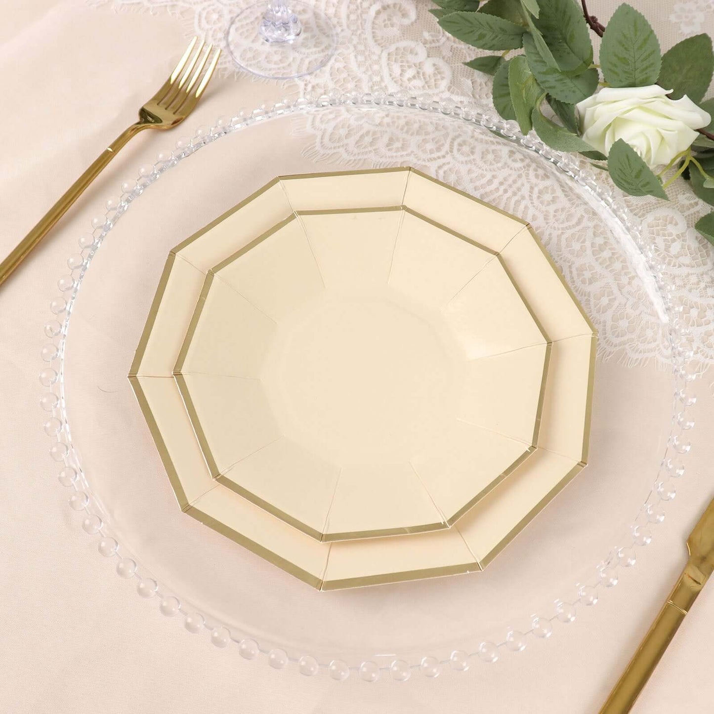 25-Pack Paper 7" Decagon Appetizer Plates in Beige with Gold Foil Rim