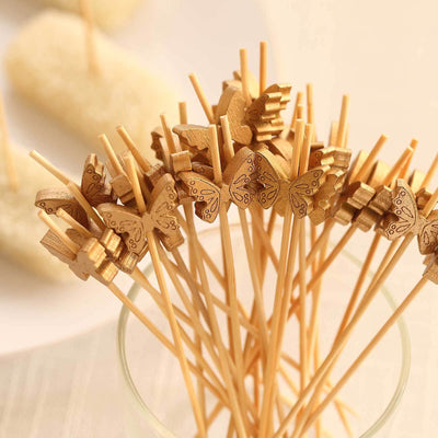 100-Pack Bamboo Cocktail Sticks Butterfly Design Eco Friendly Natural - Biodegradable Party Picks 5"