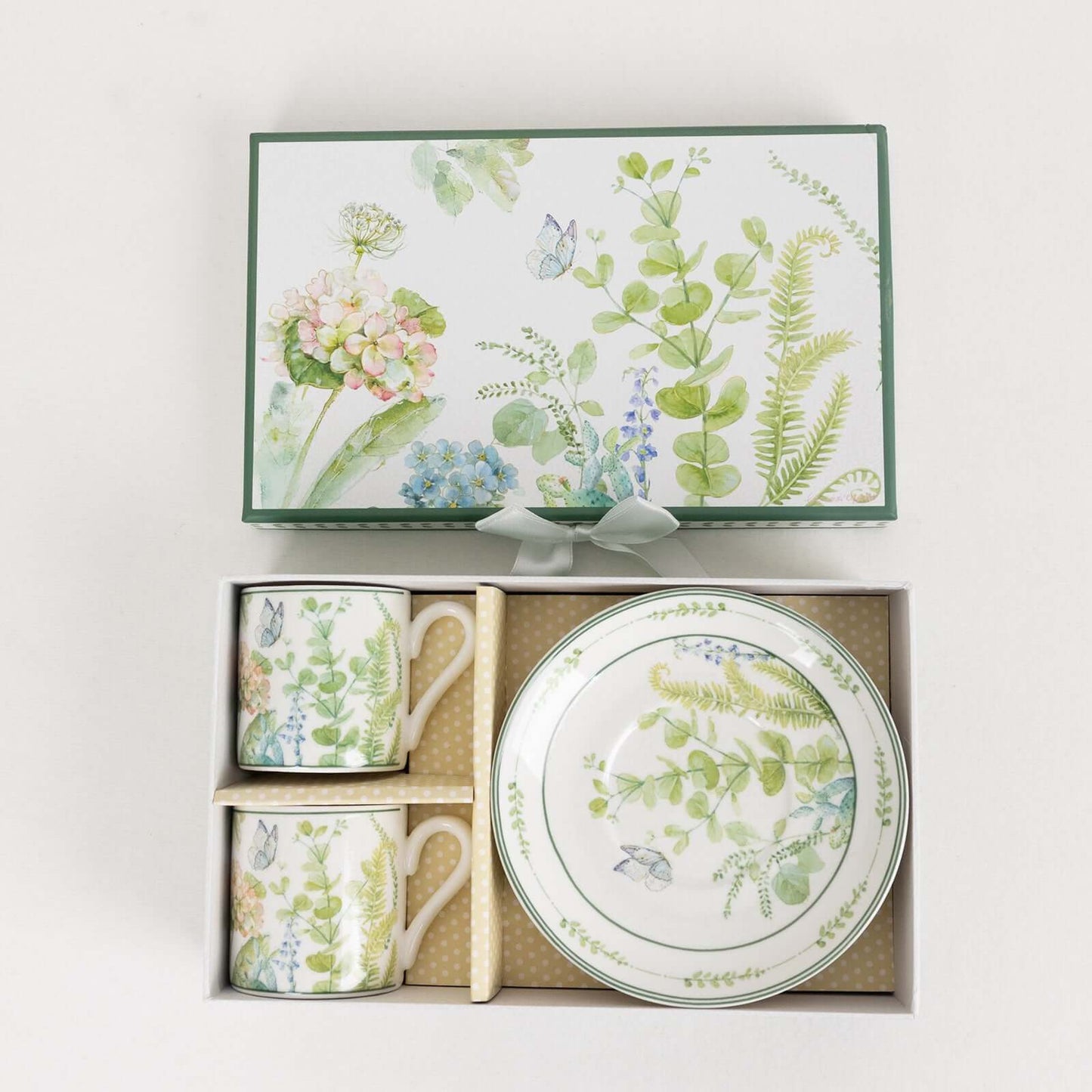 Greenery Theme Bridal Shower Gift Set, Set of 2 Porcelain Espresso Cups and Saucers with Matching Keepsake Box