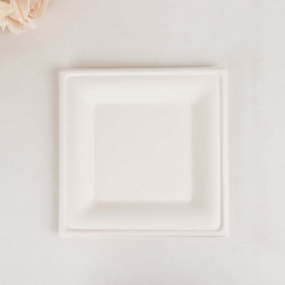 50-Pack Bagasse 10" Square Dinner Plates in White with Wide Rim - Eco Friendly Biodegradable Sugarcane Party Plates for Events