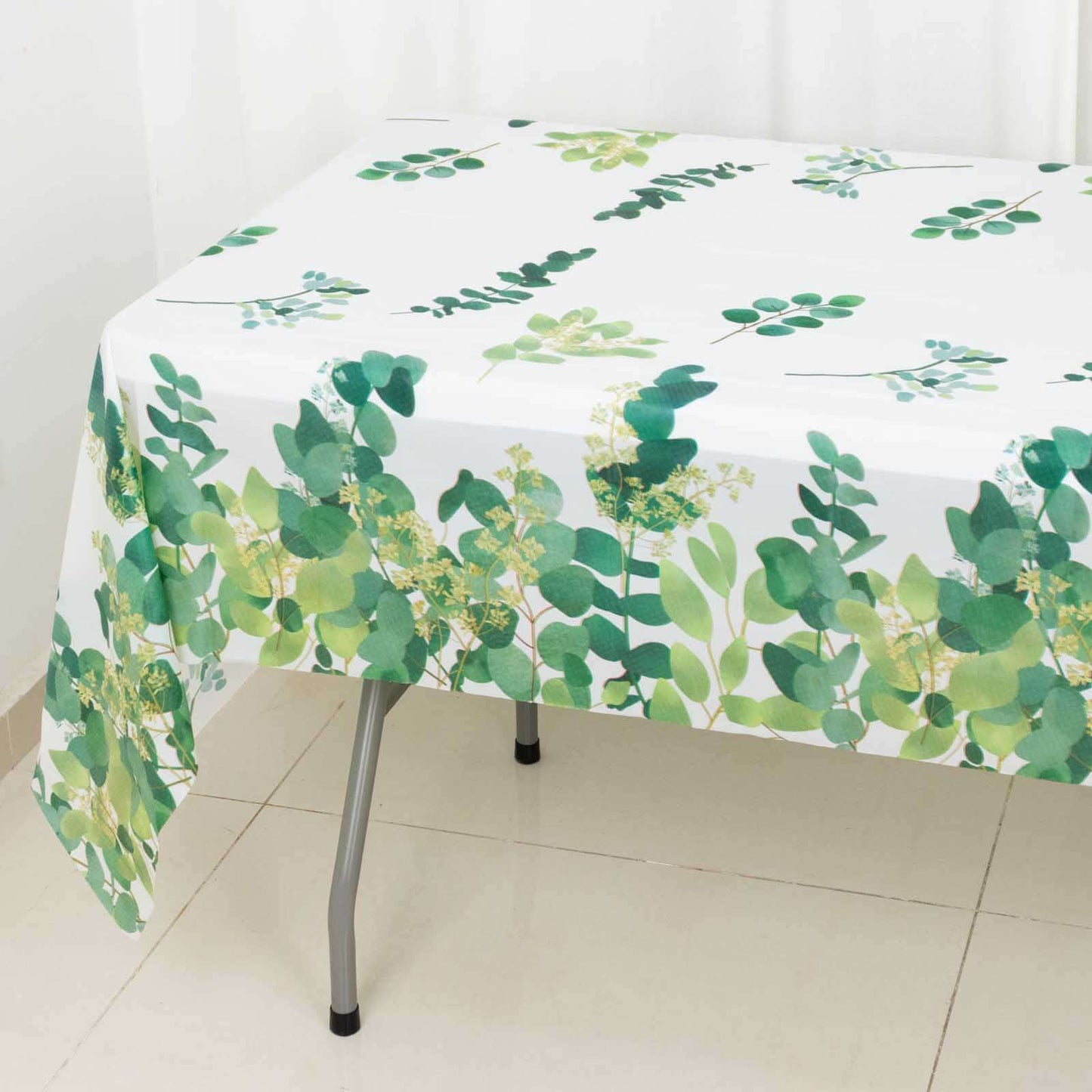 5-Pack Plastic Table Covers White/Green Rectangle with Eucalyptus Leaves Print - Decorative PVC Disposable Tablecloths 54"x108"