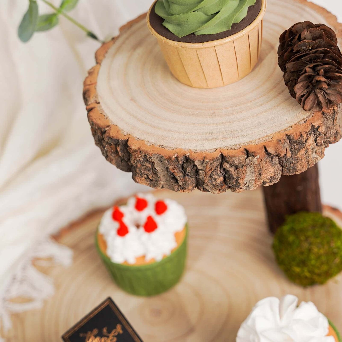 2-Tier Wooden Cheese Board Stand Elm Wood Slice Design Natural - Rustic Cupcake Centerpiece 8"