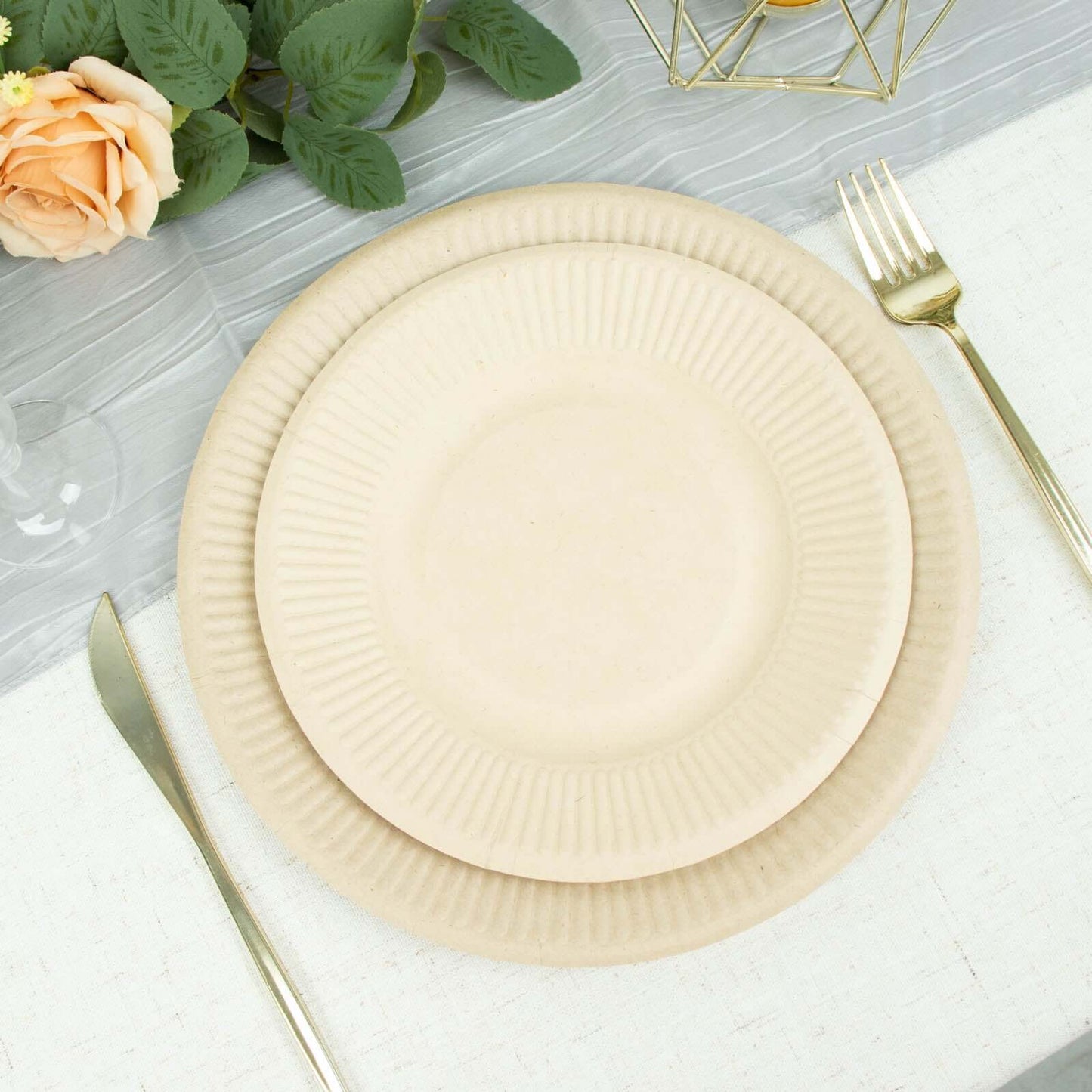 50-Pack Bagasse 8" Round Dessert Plates in Natural with Ribbed Rim