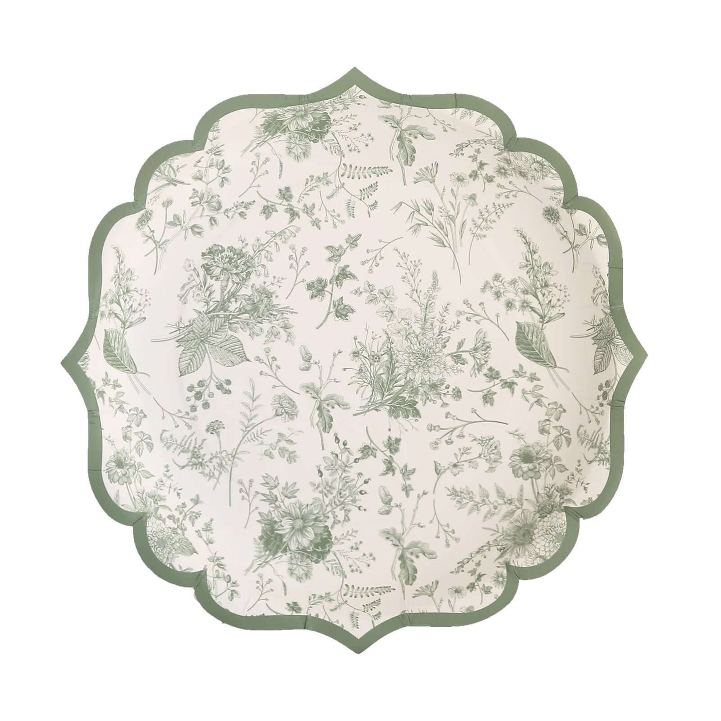25-Pack Paper 8" Dessert Plates in White with Sage Green French Toile Design & Scalloped Rim - Disposable 300GSM Salad Appetizer Plates for Stylish Table Decor