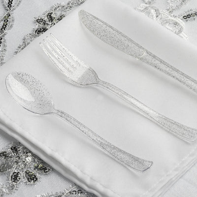 25-Pack Plastic Spoons Clear Silver Glitter Classic Heavy Duty - Decorative Disposable Tableware 7"