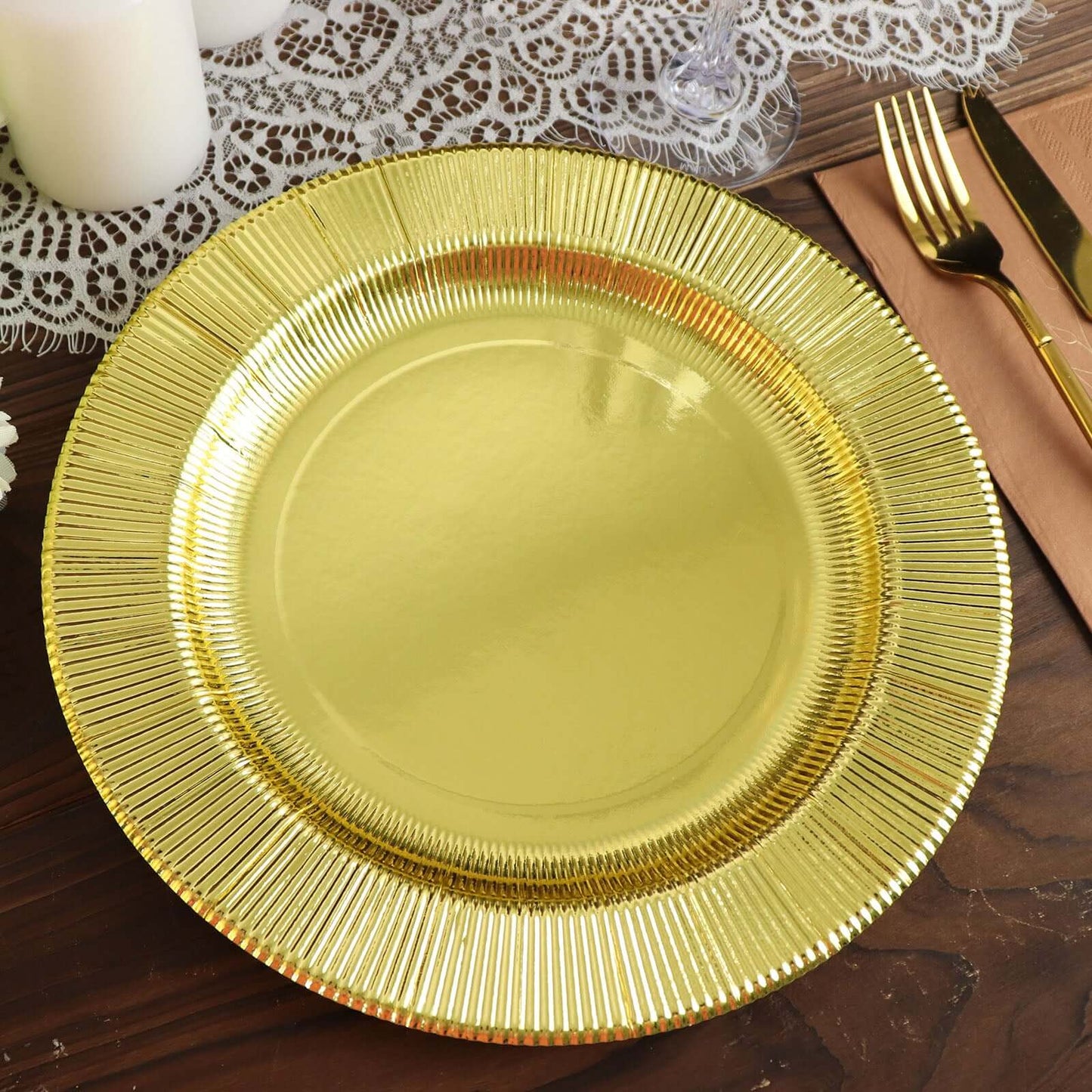 25-Pack Paper 10" Round Dinner Plates in Metallic Gold Sunray Design - Disposable Heavy Duty 350GSM Party Plates