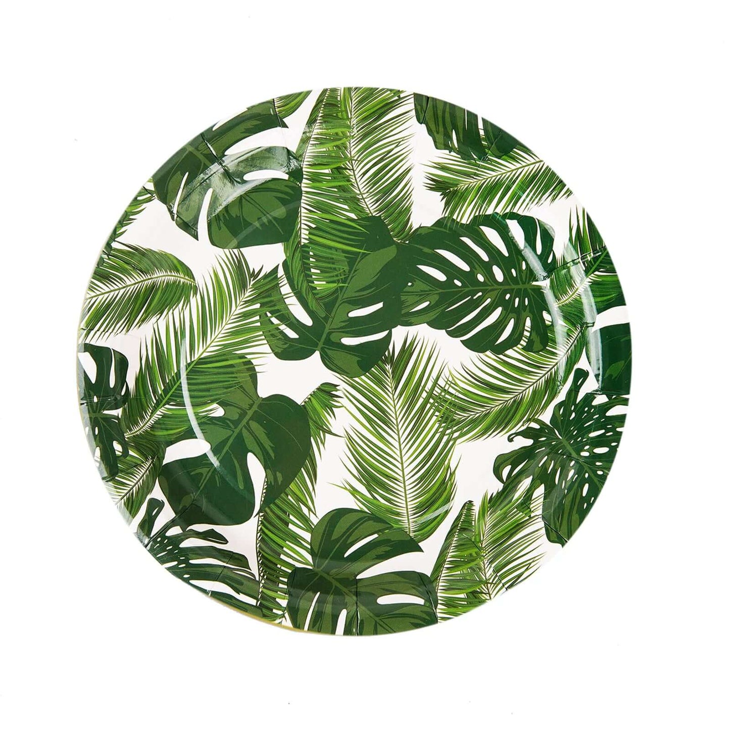 25-Pack Paper 7" Round Dessert Plates in White with Tropical Palm Leaf Design - Disposable 300GSM Appetizer Salad Plates for Boho Chic & Jungle Themed Events