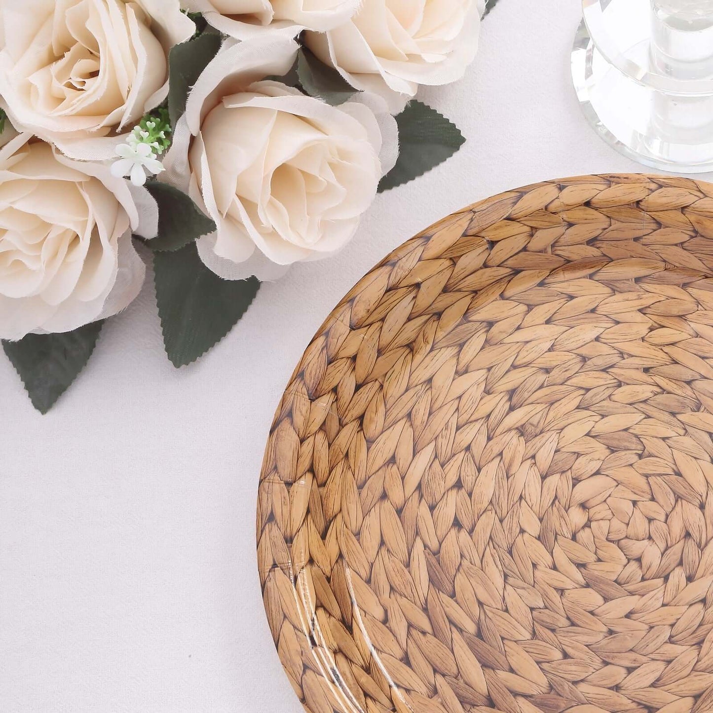 25-Pack Paper 9" Round Dinner Plates Natural with Woven Rattan Print - Rustic Farmhouse Disposable 300GSM Party Plates for Country Chic Celebrations