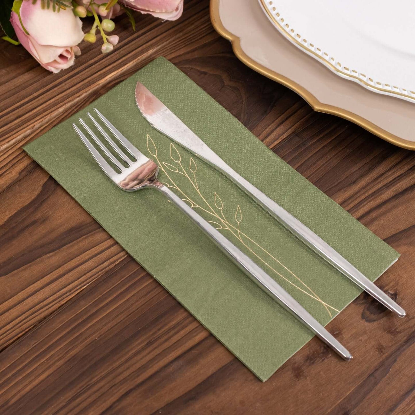 50-Pack Paper Dinner Napkins Dusty Sage Green with Gold Embossed Leaf - Stylish 2-Ply Disposable Napkins for Weddings 18GSM