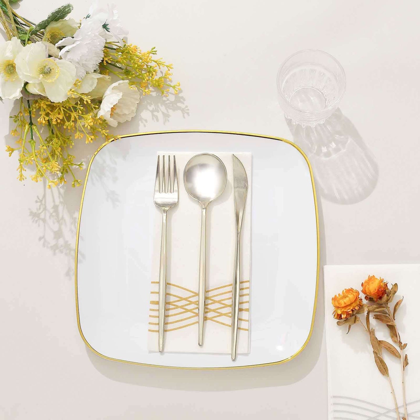 10-Pack Plastic 10" Square Dinner Plates in White with Gold Rim - Classy Disposable Lunch Party Plates for Weddings & Special Events