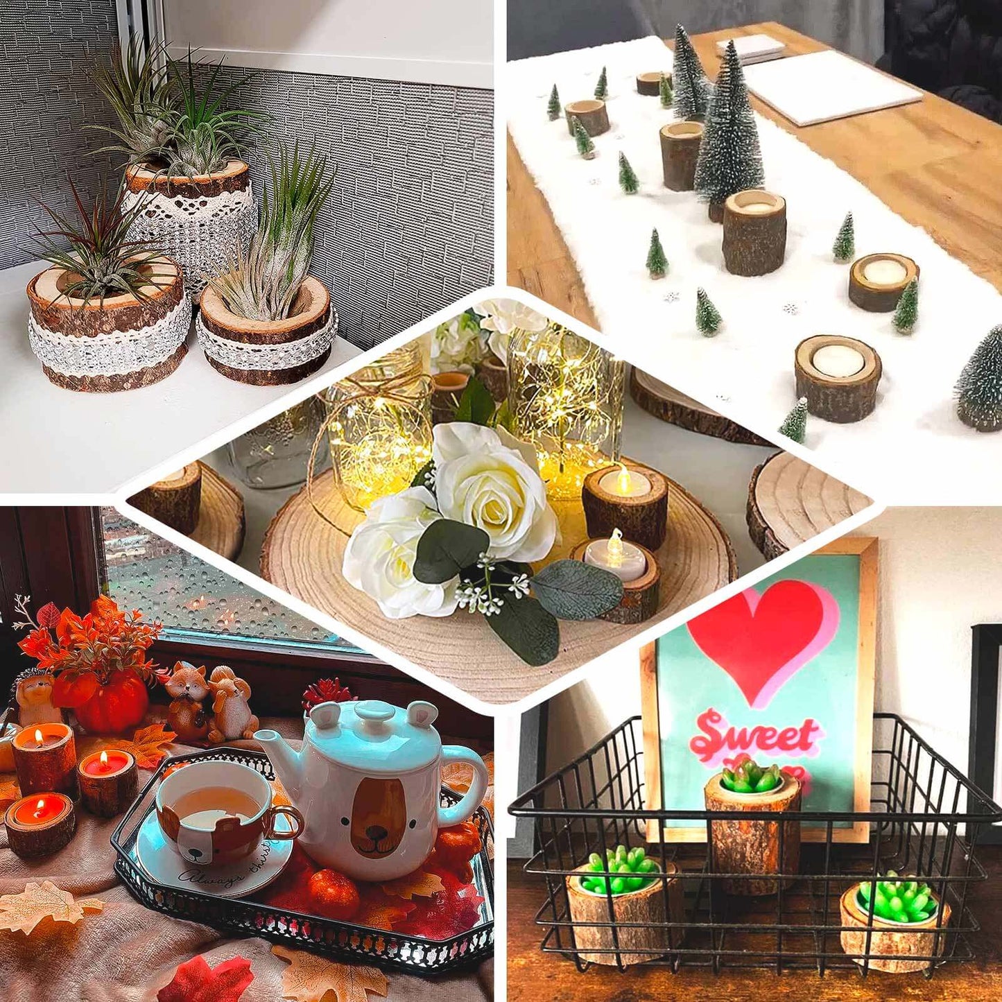 Set of 3 Rustic Wood Slice Votive Candle Holders - Tree Branch Wedding Table DÃ©cor 2.75", 1.5", 1.25"