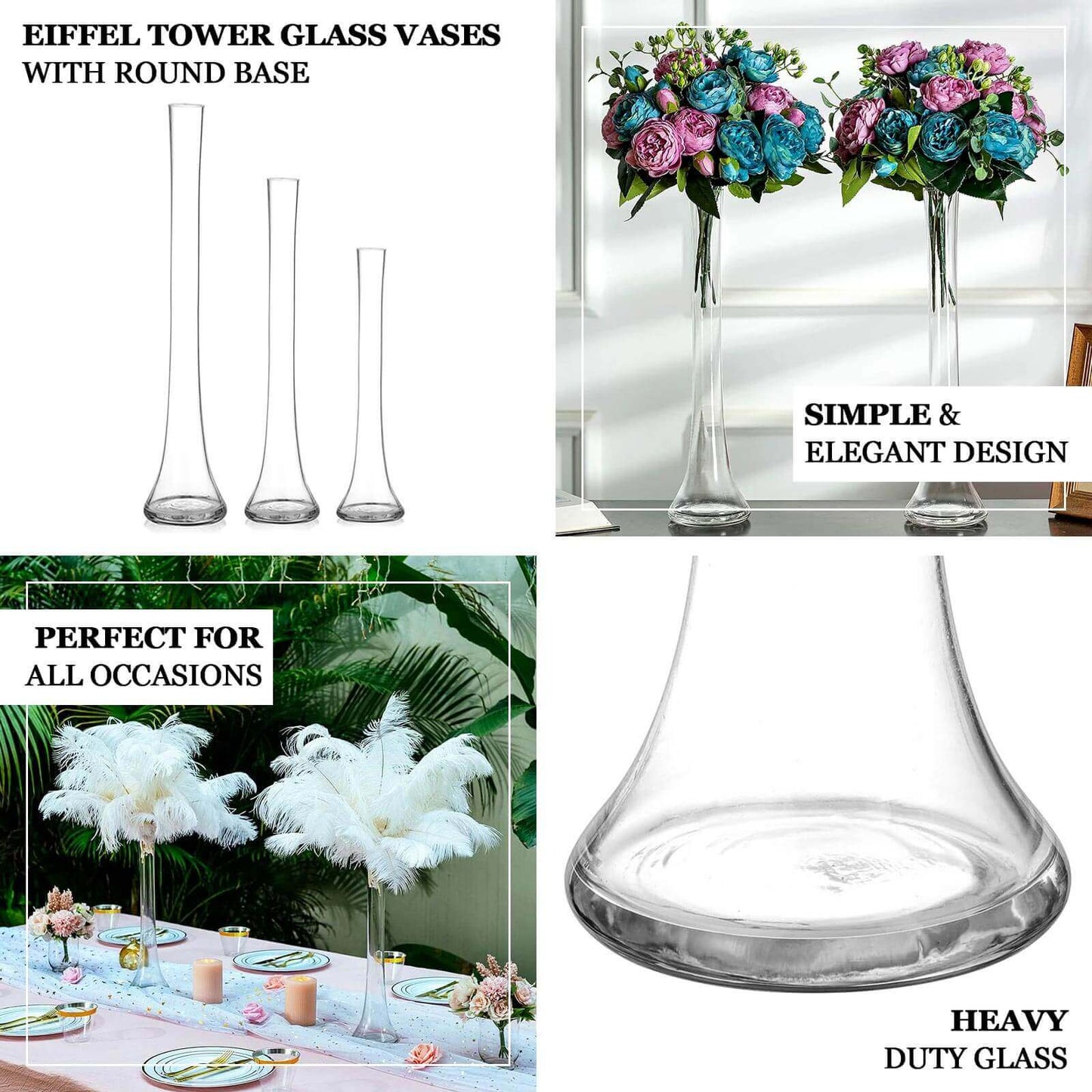 6-Pack Glass Eiffel Tower Vases Clear with Round Base - Tall Skinny Flower Bud Wedding Centerpieces 20"