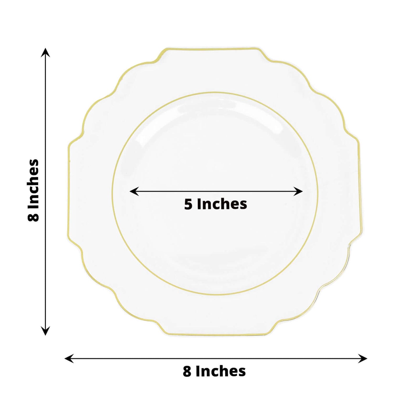 10-Pack Plastic Dessert Appetizer Plates in Clear Baroque Design with Scalloped Gold Rim - Heavy Duty Disposable Salad Plates 8"