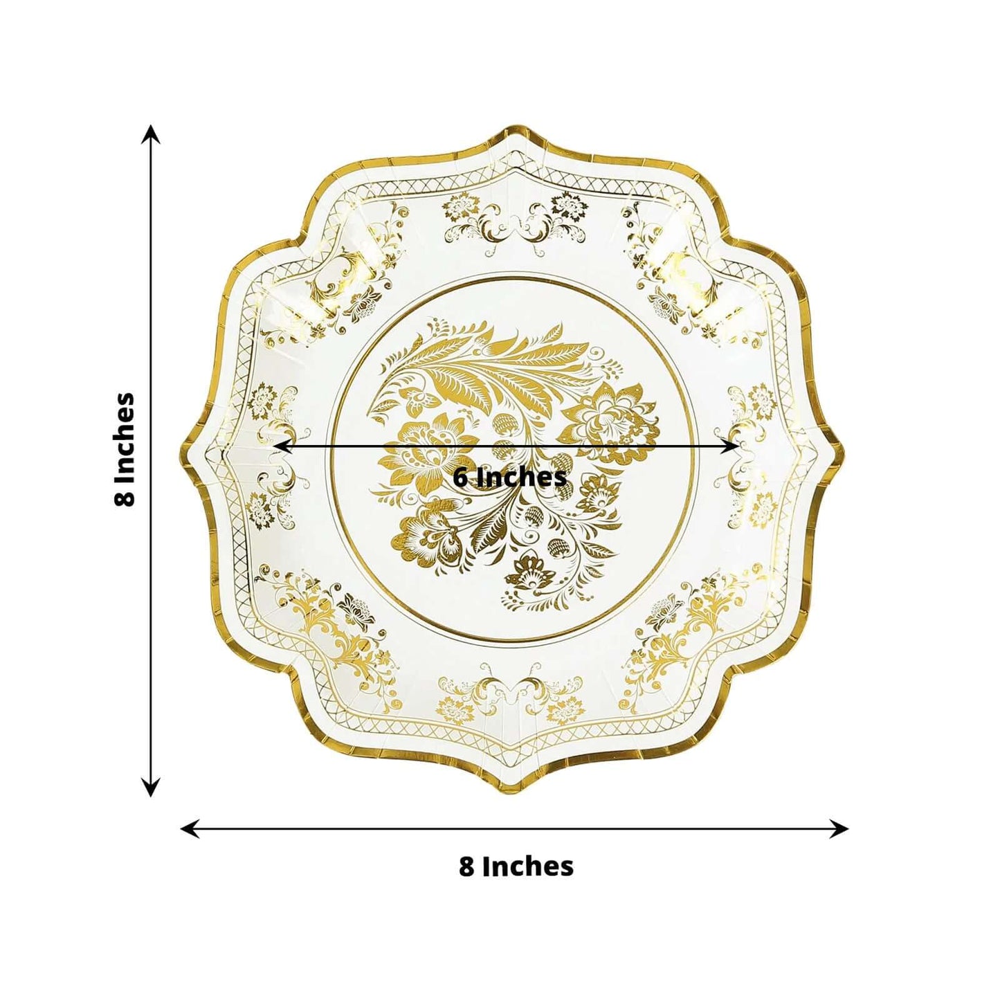 25-Pack Paper Dessert Plates in White with Gold Damask Floral Print & Scallop Rim - Stylish Disposable 300GSM Floral Salad Appetizer Plates for Weddings & Events 8"