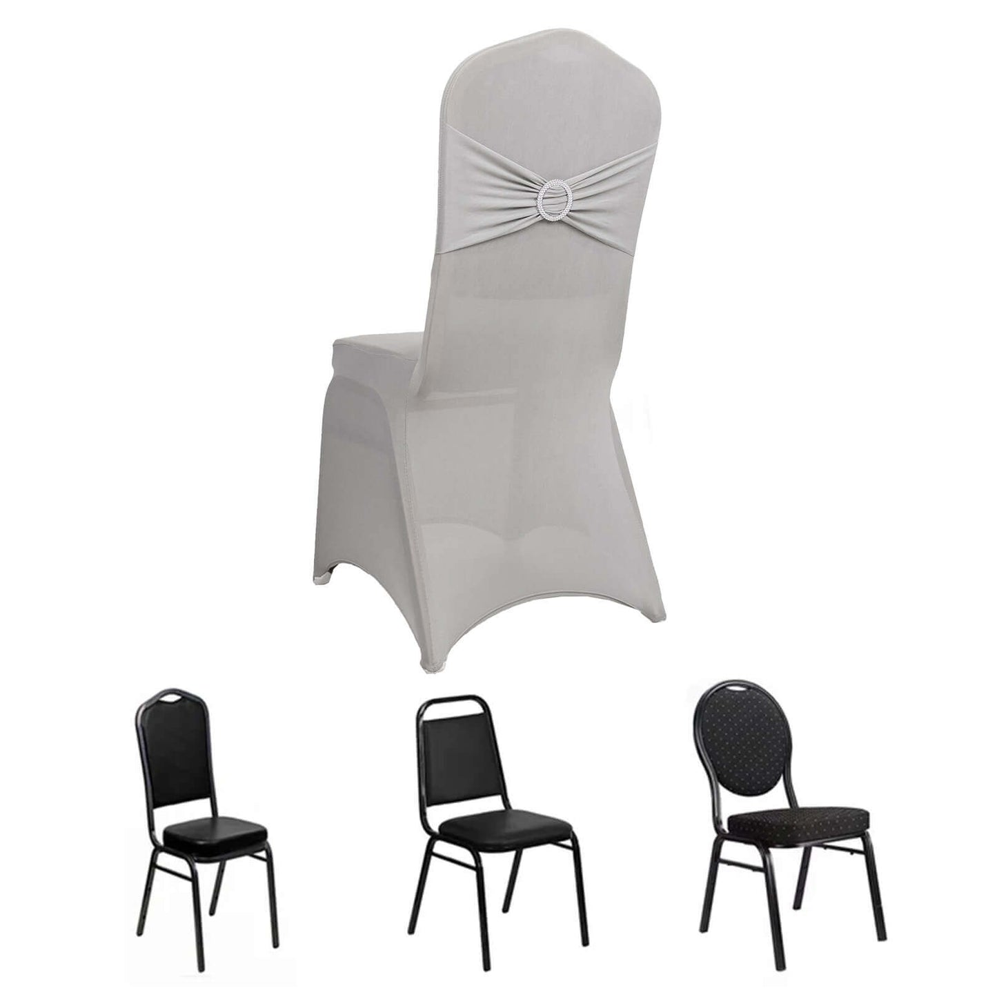 Spandex Chair Cover with Rhinestone Buckled Sash Band Silver - Stretch Fitted Slipcover