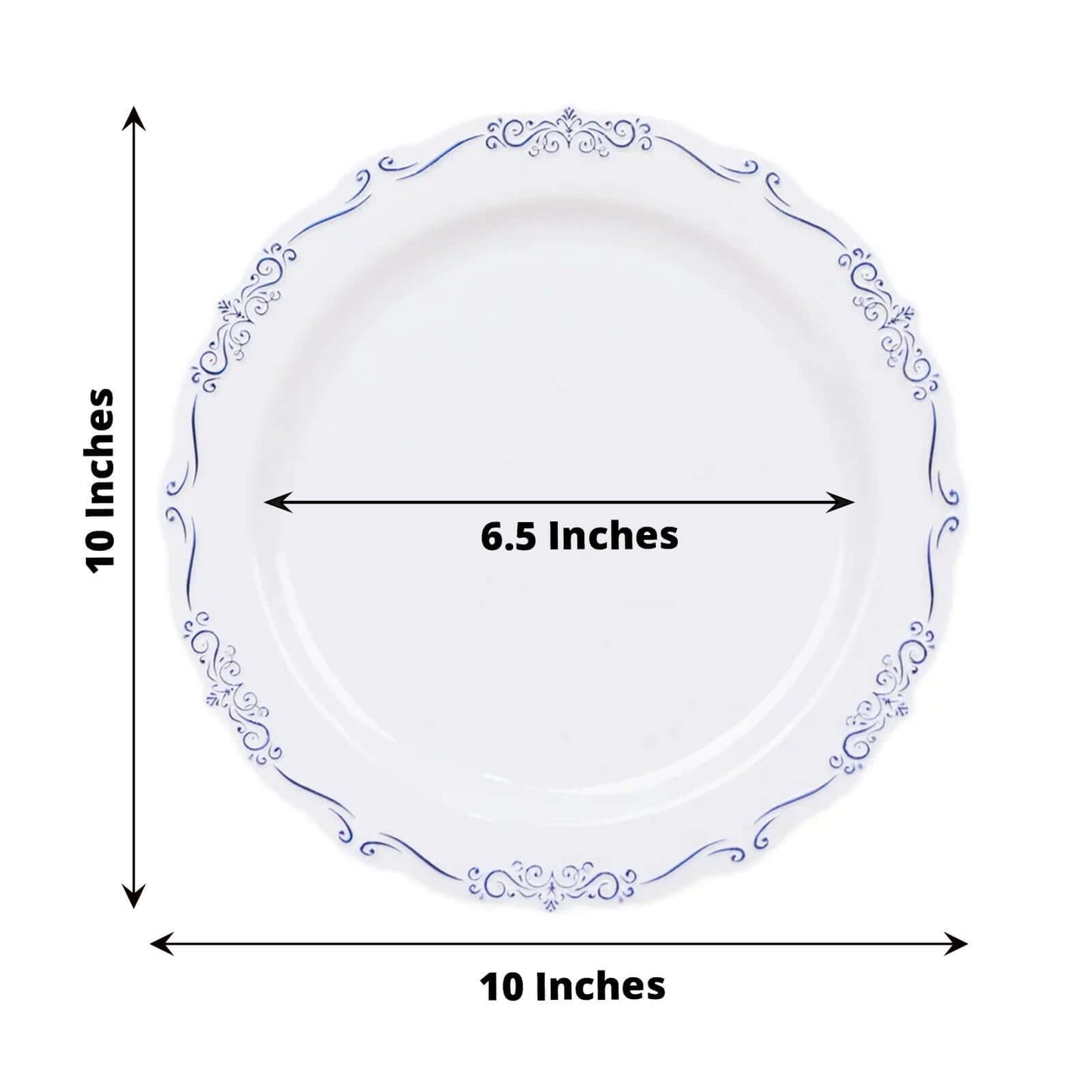 10-Pack Plastic 10" Round Dinner Plates in White with Blue Vintage Embossed Rim - Sturdy Disposable Scalloped Edge Party Plates