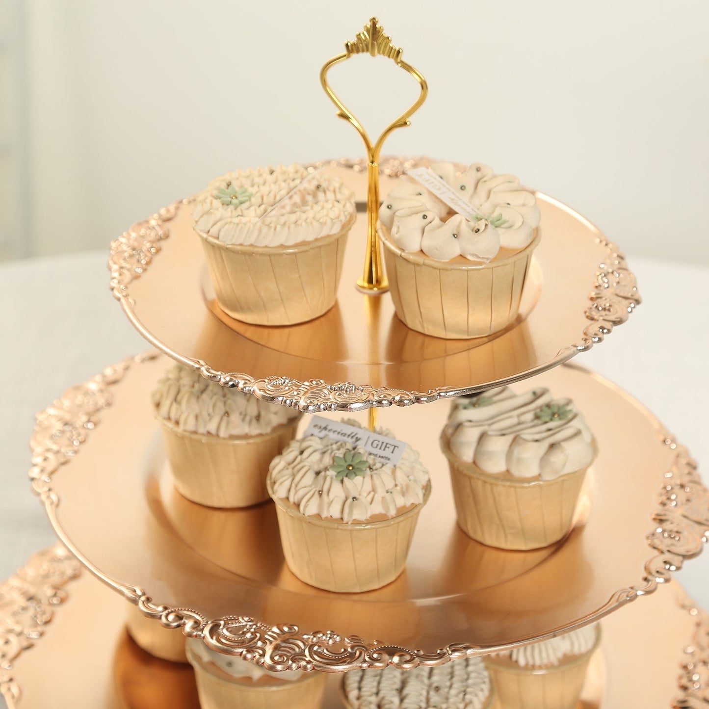 3-Tier Plastic Round Cupcake Stand Metallic Gold - Vintage-Inspired Reusable Dessert Display Holder Tea Party Serving Tray Platter with Baroque Rim & Top Handle 13"