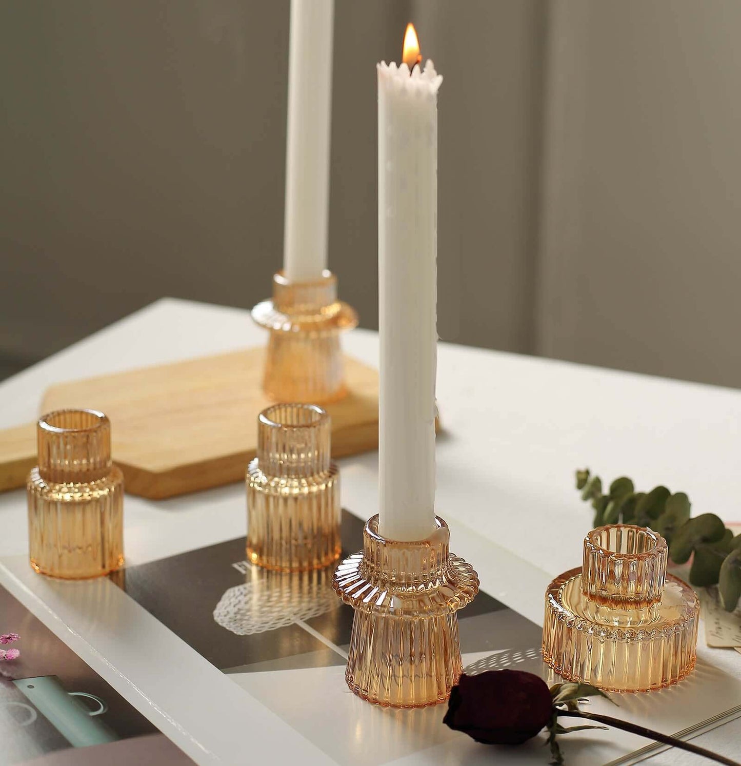 Set of 6 Glass Taper Candle Holders Ribbed Crystal Design Amber Gold - Reversible Mini Votive Tealight Stands 3"
