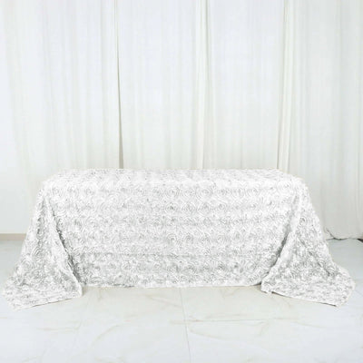Satin 90"x132" Rectangle Tablecloth White - Grandiose 3D Rosette Design with Seamless Finish for Graceful Gatherings