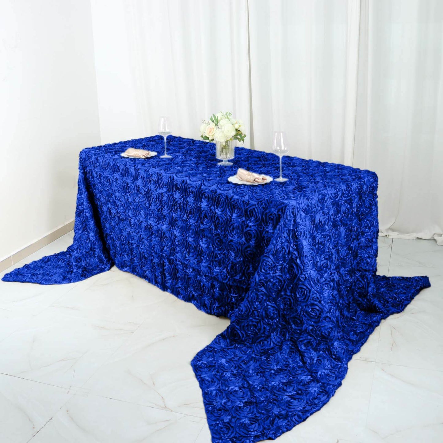 Satin 90"x156" Rectangle Tablecloth Royal Blue - Grandiose 3D Rosette Table Cover with Seamless Finish