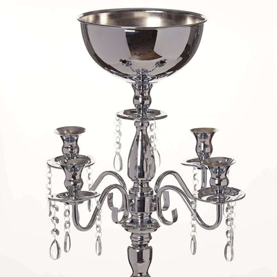 Metal Candelabra 4 Arm Design Silver with Flower Vase Bowl - Table Centerpiece for Weddings 33"