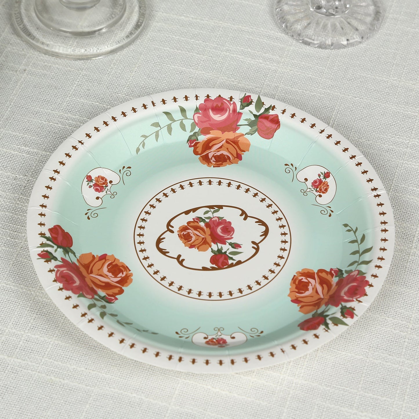25-Pack Paper 7" Round Dessert Plates in Light Turquoise with Vintage Rose Flower Print - Disposable Appetizer Salad Plates