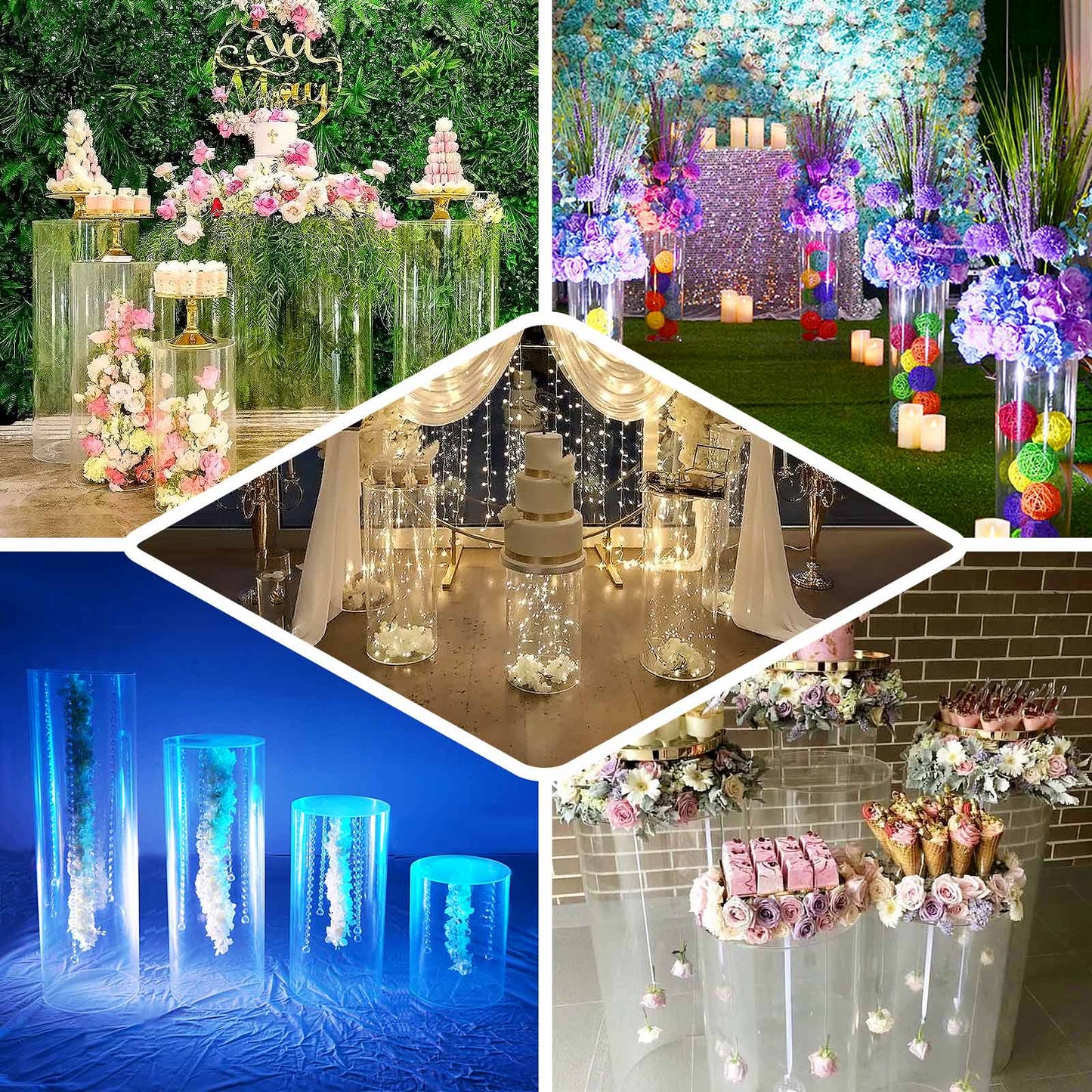 Set of 5 Clear Acrylic Cylinder Pedestal Stands, Wedding Pillar Plinth Column Cake Dessert Table Display With Hanging Hooks