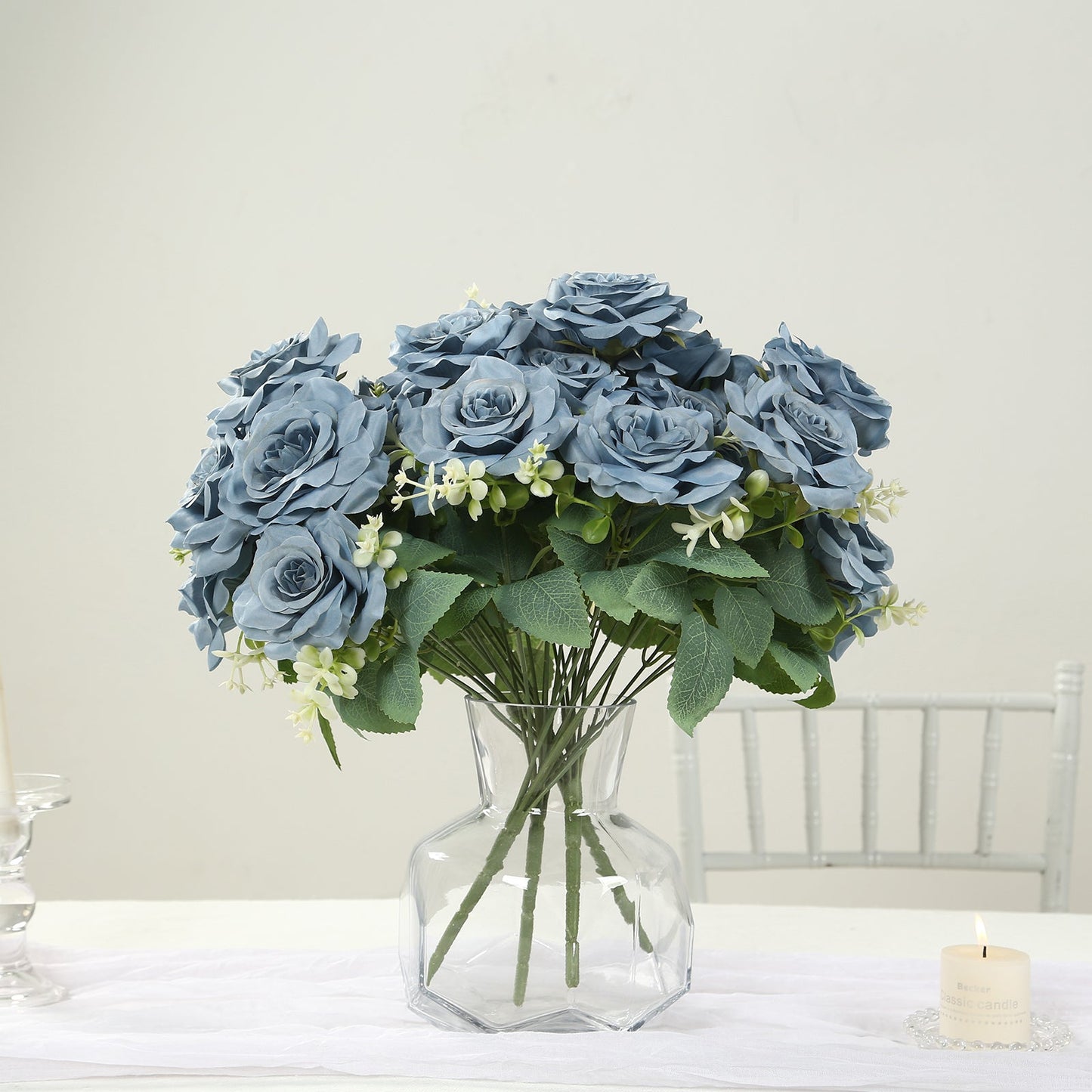 2 Bushes 18" Real Touch Artificial Rose Flower Bouquet,  Dusty Blue Silk Long Stem Flower Arrangements