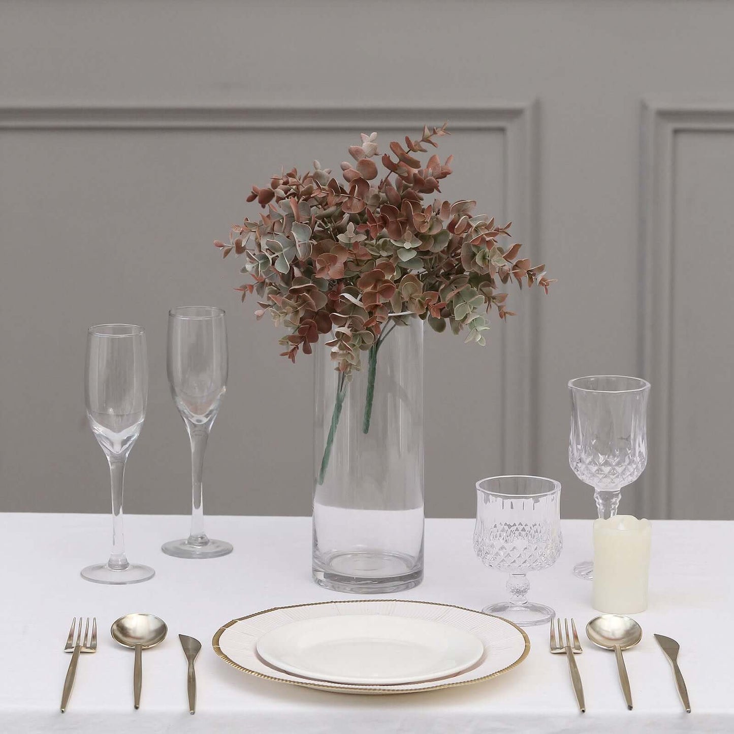 3 Pack 13" Frosted Green Red Artificial Farmhouse Eucalyptus Leaf Stems, Plastic Foliage Plants