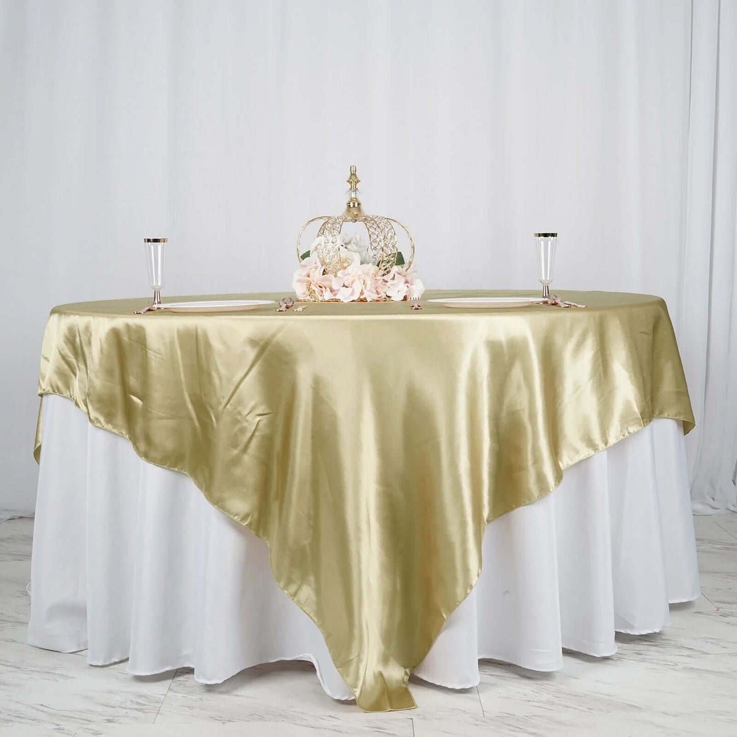 Satin 90"x90" Table Overlay Square Tablecloth Champagne - Smooth Finish Table Topper