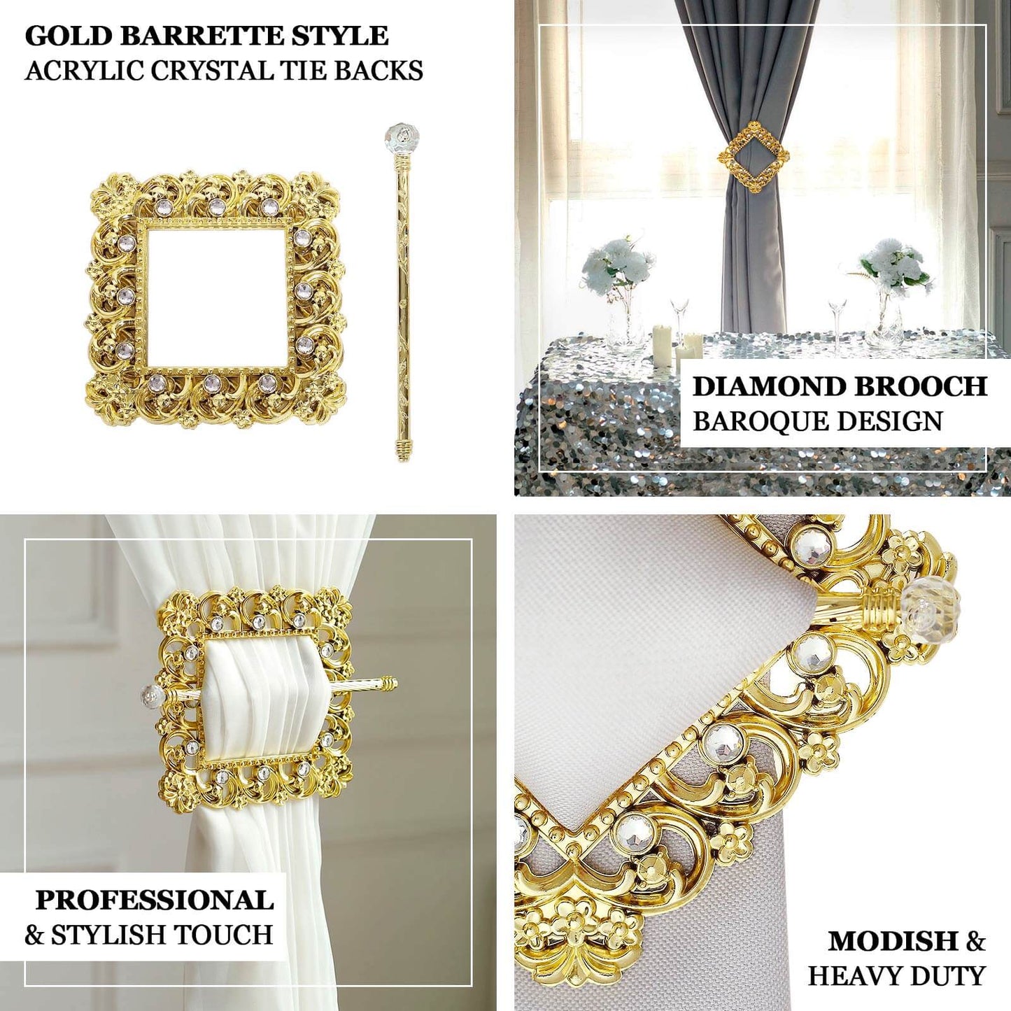 Set of 2 7" Gold Barrette Style Diamond Backdrop Drapery Holdbacks, Square Acrylic Crystal Curtain Brooch Tie Backs