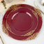 10-Pack Plastic 8" Round Dessert Plates in Burgundy with Gold Leaf Embossed Rim for Gatherings & Events